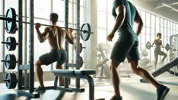 AI photo of a man squatting the gym while his trainer is running towards him
