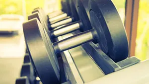 AI photo of dumbbells neatly arranged on dumbbell rack