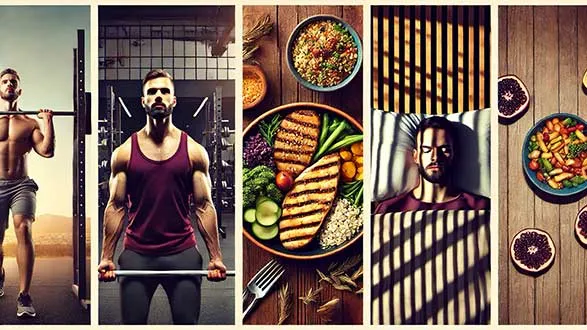 AI photo of a man training with weights, healthy food and sleeping