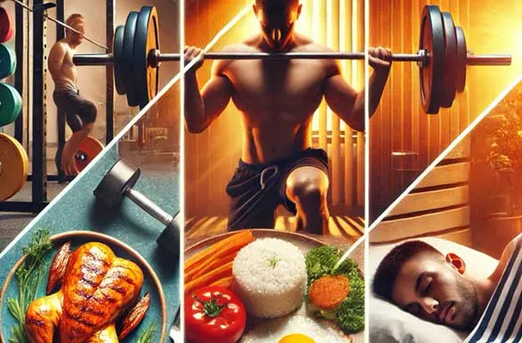AI photo of a man training with weights, healthy food and sleeping